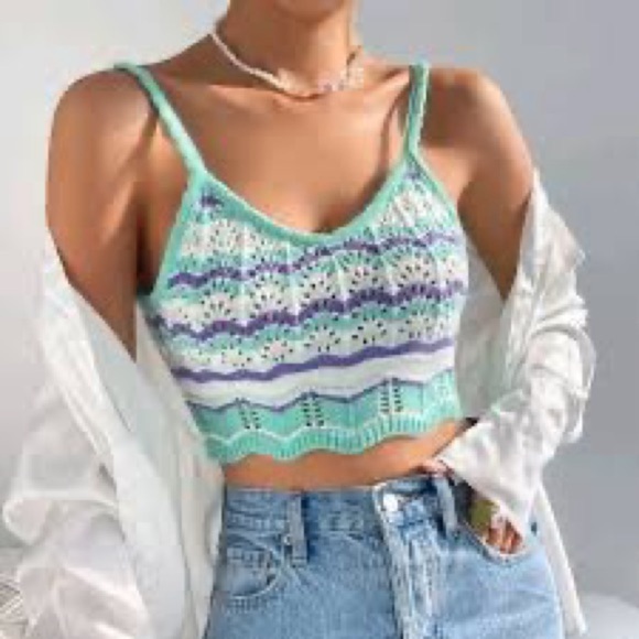 American Eagle Outfitters Blue & Mint Chevron Knit Crop Tank Top Size M - Picture 9 of 9